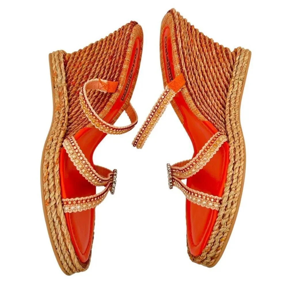 Costablanca Adelia Rhinestone Pearl Espadrille Wedge Heels Orange Size 10 Bling